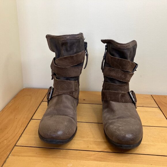 Miz Mooz Savvy Leather Ankle Boots Moto Harness Buckle Strap Brown/Grey - Picture 2 of 7